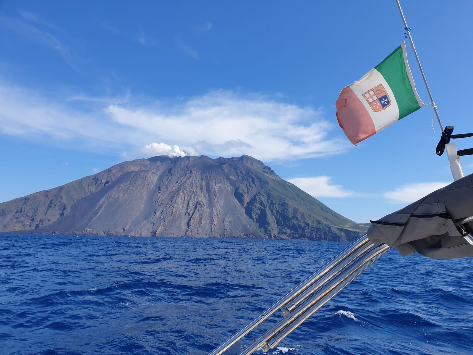 From outside of the exclusion zone around the 924m-tall volcano, we were able to see around 300m-tall fountains of ash and rock.