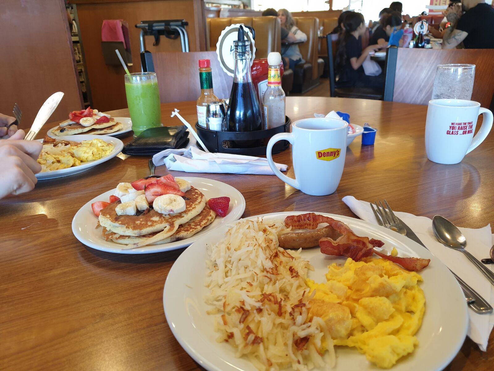 Breakfast at Dennys american diner with enough calories for an entire day