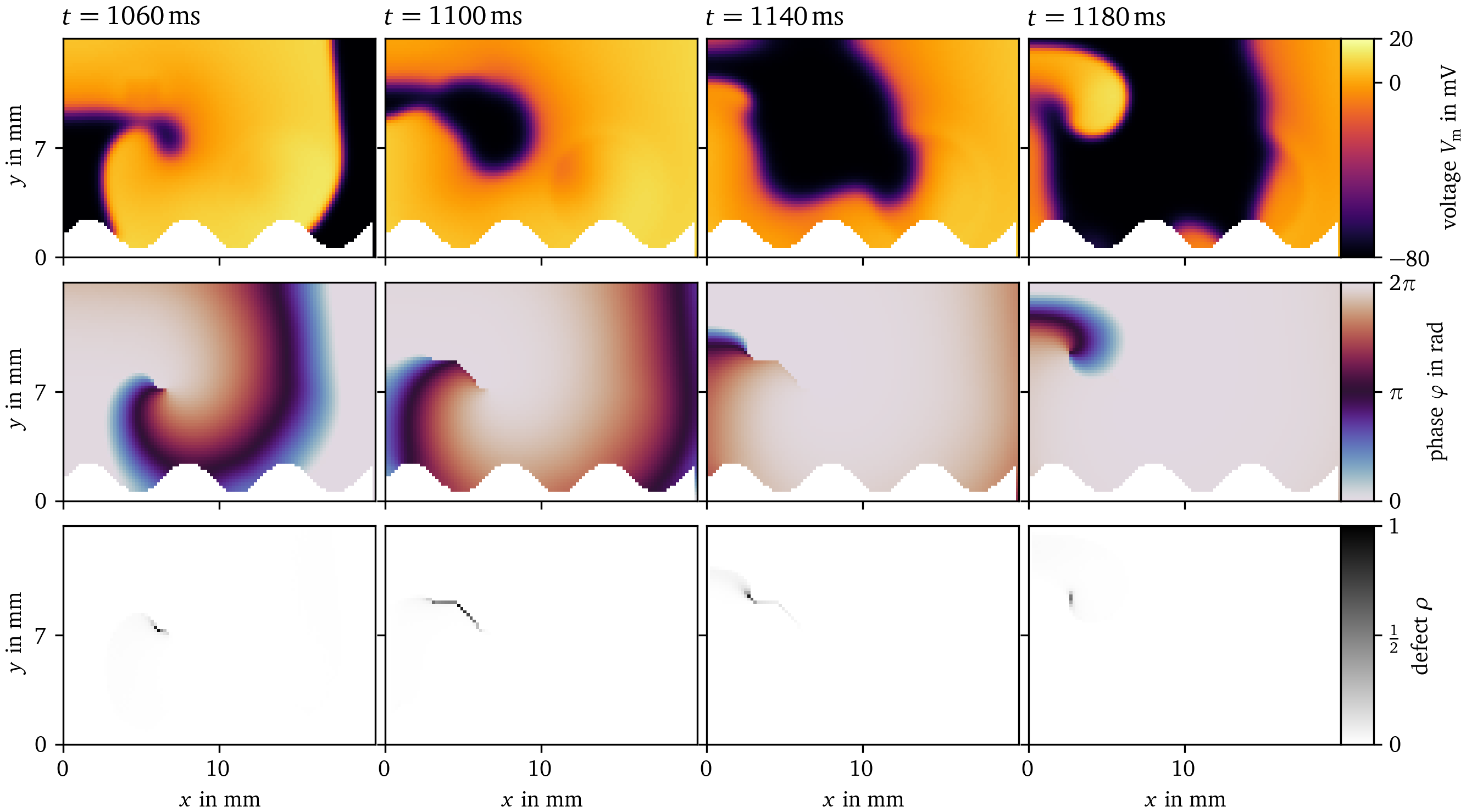 Phase defect detection for a single meandering spiral in Sim. 1
